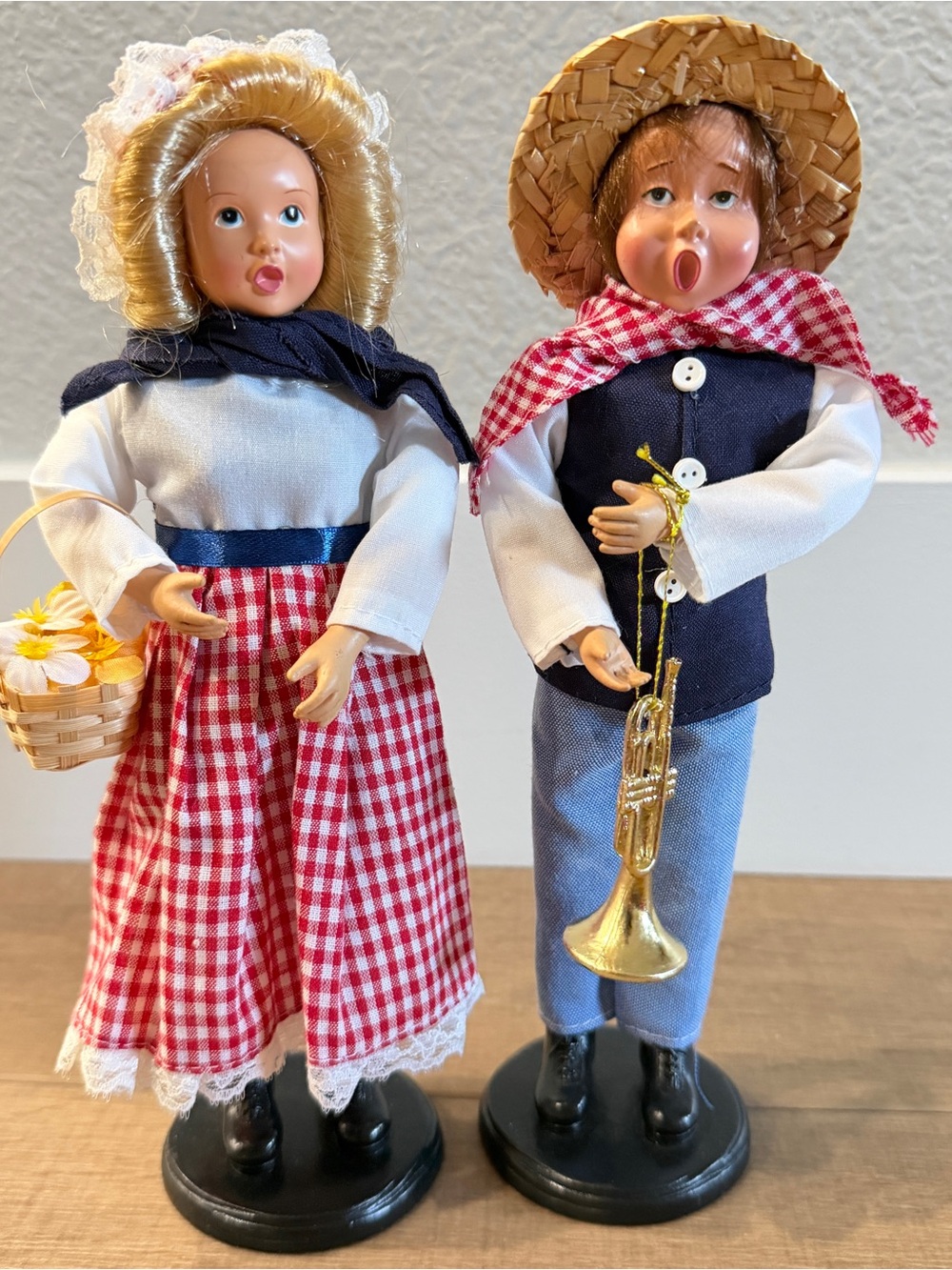 MCM Girl W/Basket Flowers and Boy with Trumpet 9” Gingham Straw Hat Collectible